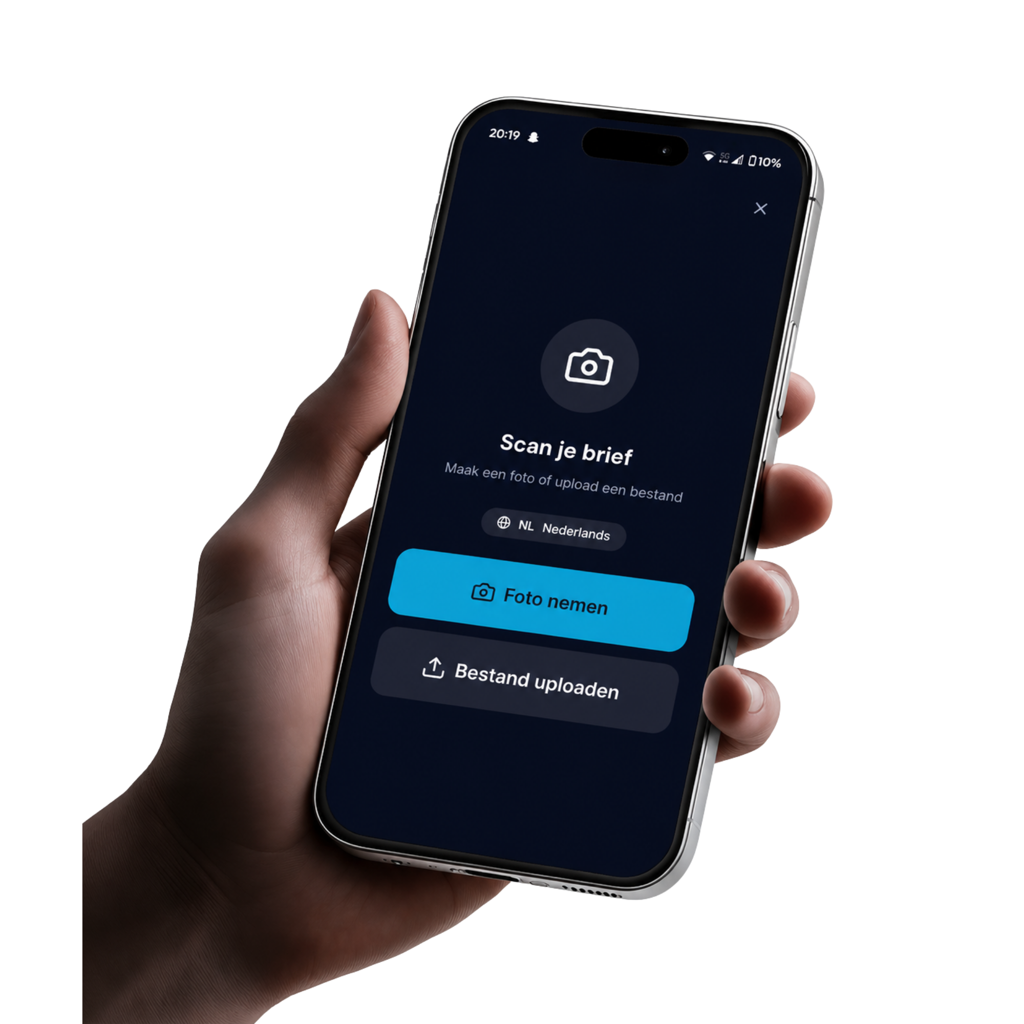 SnapMijnBrief app getoond op een telefoon in een hand