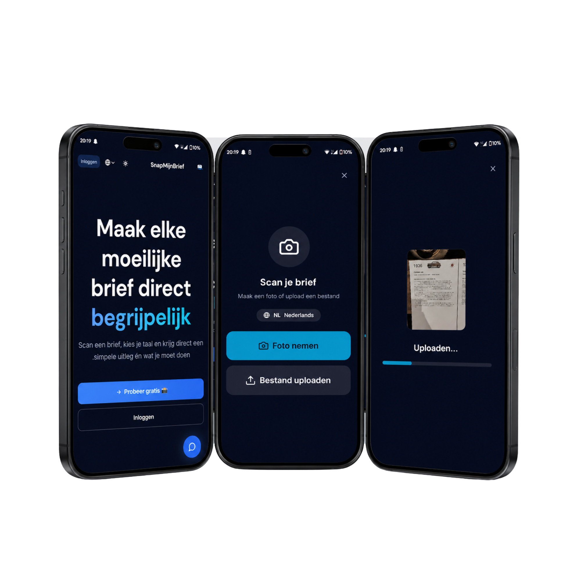 Drie donkere SnapMijnBrief schermen naast elkaar
